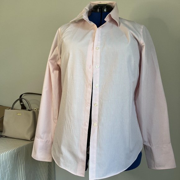 Kenar Tops - Crisp button down light pink and white stipe, Kenar, Size L - XL